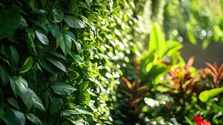 A lush green leaf wall covering a section of a garden or park, surrounded by sunlight and colorful plantsの素材