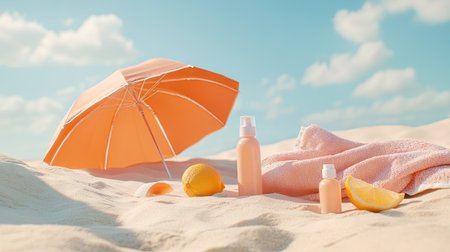 A collection of sun protection gear like SPF lotion, a beach umbrella, and a towel, laid out on the beach sand under a bright sunny skyの素材