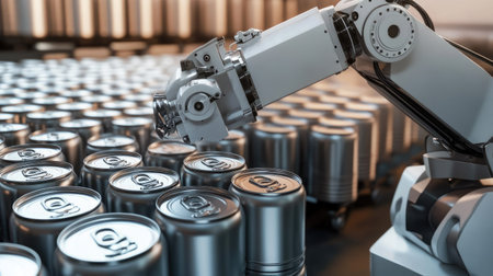 A robotic arm sorting and stacking metal cans in a fully automated food production facility.の素材