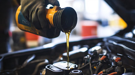 A focused mechanic pouring oil from a lubricant bottle into the engine, with oil dripping into the engine's compartmentの素材