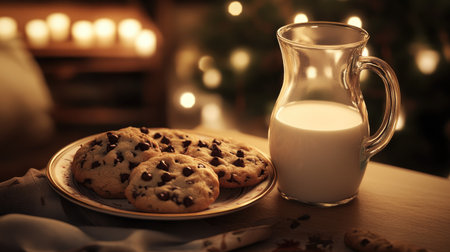 A cozy indoor scene with a glass jug of milk, a full glass, and a plate of chocolate chip cookies.の素材