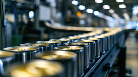 A long conveyor belt filled with empty metal cans moving toward a filling station in a food factory.の素材