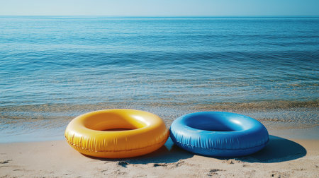 A pair of inflatable rings resting on the sand by the water's edge, with a calm, serene beach and a bright sunny dayの素材