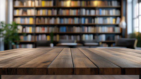 A minimalist wooden table with a blurred background of a modern library, featuring cozy reading nooks and bookshelves.の素材