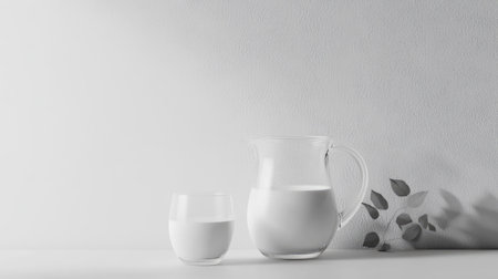 A minimalist composition of a glass jug and a full glass of milk against a white background.の素材