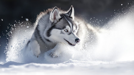 A Siberian Husky in mid-leap through fresh snow, sending powder flying under a bright winter sun.の素材