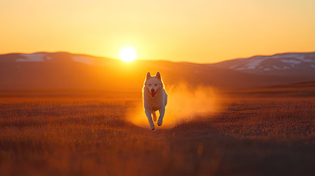A Siberian Husky sprinting across an open tundra, kicking up dust as the sun sets behind distant mountains.の素材
