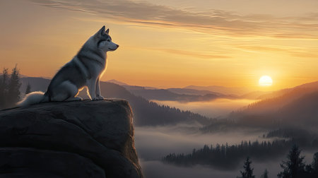 A Siberian Husky sitting atop a boulder, watching the sunrise over a vast, fog-covered valley.の素材