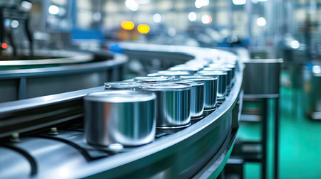 A modern food processing facility with a seamless conveyor system transporting metal cans.の素材