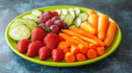 A playful children's plastic plate filled with sliced strawberries, grapes, cucumber, and carrots, perfect for a nutritious snackの素材