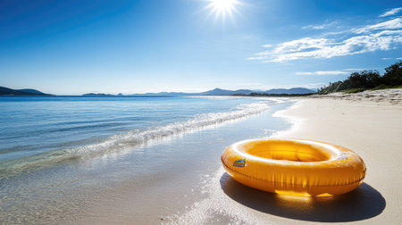 A pair of inflatable rings resting on the sand by the water's edge, with a calm, serene beach and a bright sunny dayの素材