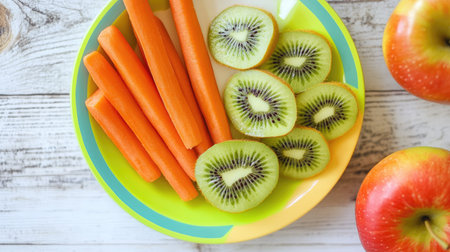 A fun, colorful children's plate with a healthy serving of fruit, including kiwi, apple slices, and carrot sticksの素材