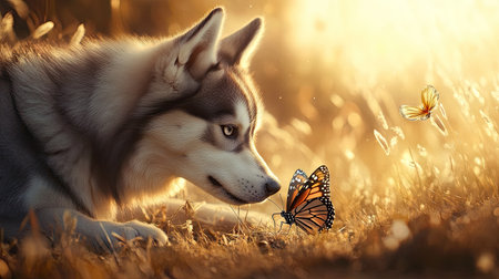 A Siberian Husky playing with a butterfly in a sunlit meadow, its nose curiously sniffing the delicate creature.の素材
