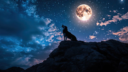 A Siberian Husky howling at the full moon on a rugged mountaintop, silhouetted against the starry sky.の素材