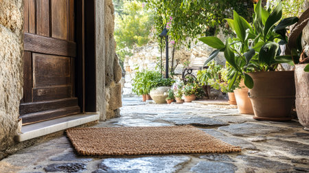 A rustic home with a doormat on the stone floor inside, blending warmth and simplicityの素材