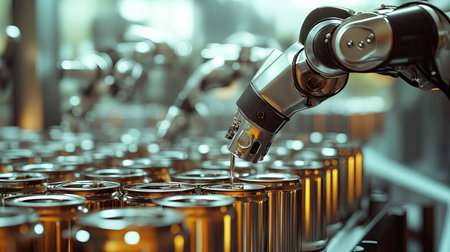 A robotic filling machine dispensing liquid into metal cans in an automated food processing plant.の素材
