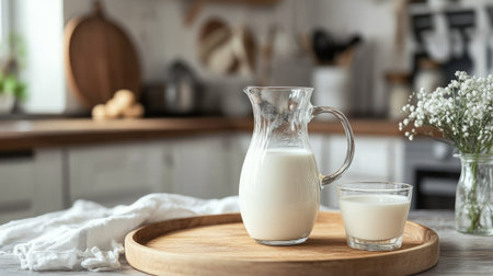 A refreshing scene of a milk jug and glass on a wooden tray with a cozy farmhouse kitchen in the background.の素材