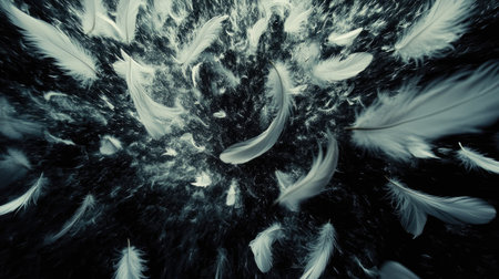 A mesmerizing display of white feathers swirling and twisting as they descend against a pitch-black void.の素材