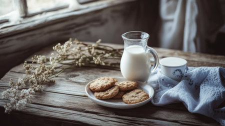 A rustic breakfast setting with a milk jug, a glass, and a plate of cookies on a wooden table.の素材