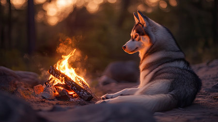 A Siberian Husky sitting by a campfire in the wilderness, its eyes reflecting the warm glow of the flames.の素材