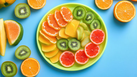 A playful plastic plate with a variety of sliced fruits and vegetables arranged in a fun pattern, perfect for kids' mealtimeの素材