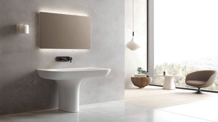 A minimalist bathroom with a floating sink, frameless mirror, and modern fixtures, creating a spacious and clean aestheticの素材