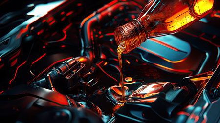 A mechanic pouring engine oil into a car's engine from a plastic bottle, with a light reflection on the engine surfaceの素材