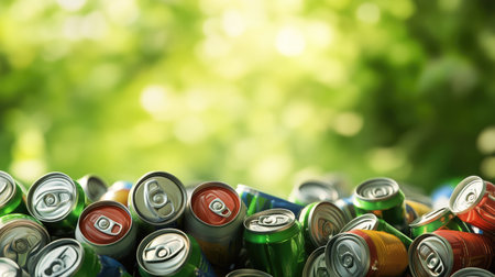 A pile of empty aluminum cans ready for recycling, with a green eco-friendly backdrop.の素材