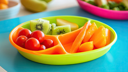 A fun and vibrant plastic plate with a mix of fresh vegetables and fruit, perfect for a kid-friendly meal on a bright tableの素材