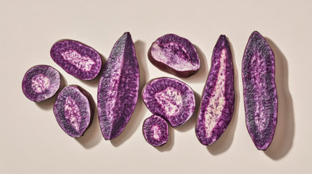 A top-down view of whole and sliced purple sweet yam, arranged artistically on a neutral background.の素材