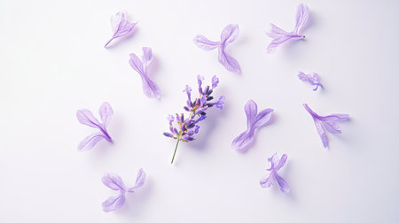 A top-down view of a lavender sprig with delicate purple petals, isolated on a seamless white background.の素材