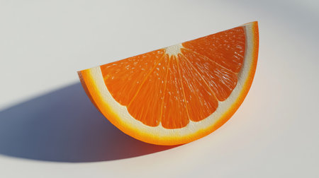 A single orange slice with a thick rind and juicy interior, placed against a clean white surface.の素材