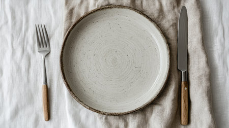 A simple yet elegant ceramic plate with a fork and knife beside it, resting on a neutral-colored tableclothの素材
