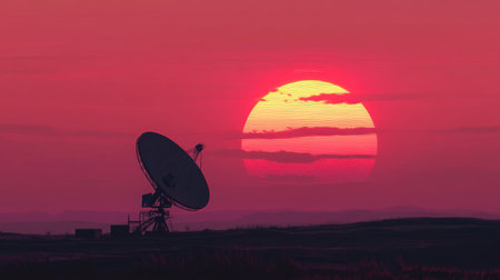 A satellite dish in silhouette, perfectly aligned with a giant sun setting on the horizon.の素材