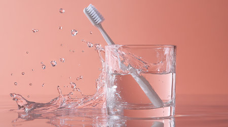A toothbrush next to a glass of water with splashes on the side, creating a refreshing vibe.の素材