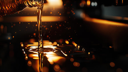 A shot of fresh engine oil being poured from a bottle into an engine during an oil change, with light highlighting the shiny surface of the oilの素材