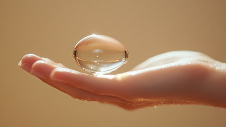 A drop of clear serum gently landing on the back of a hand, with a shiny, glistening effect on the skin.の素材