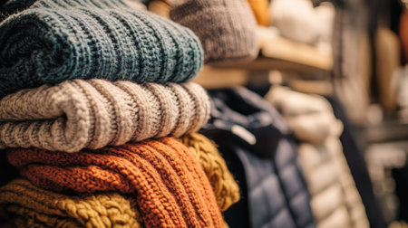 A stack of jackets, scarves, and hats layered together in a winter-themed store display, ready for cold weather.の素材