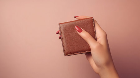 A fashionable woman's hand with polished nails holding a statement wallet with textured leather, isolated on a simple background.の素材