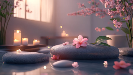 A serene spa setup with smooth stones, pink flowers, and candles, showcasing relaxation and luxury.の素材