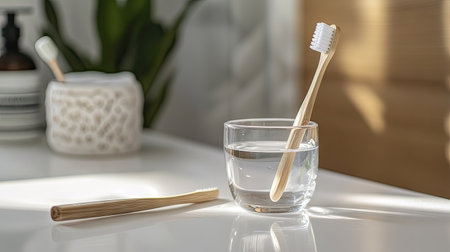A side view of a toothbrush beside a clear glass of water on a white bathroom countertop.の素材