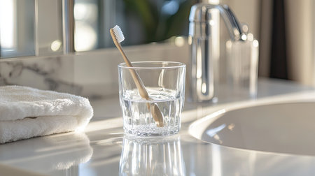 A toothbrush and a glass of water with gentle reflections on a bathroom sink, isolated on white.の素材