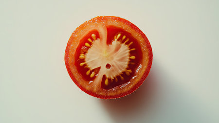 A top-down view of a single tomato slice with even lighting, showcasing its fresh, juicy details, isolated on white.の素材