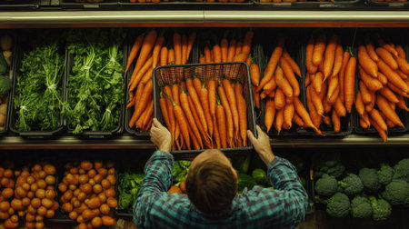 A shopper filling a basket with organic carrots in the produce section of a supermarket, surrounded by other vegetables.の素材