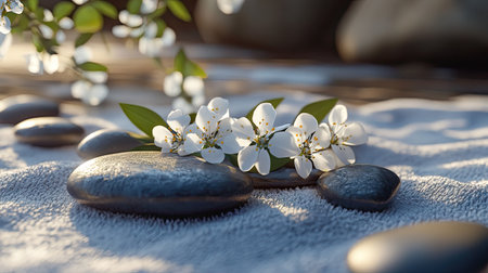 A spa setting with stones and white flowers resting on a soft towel, creating a calming, peaceful atmosphere.の素材