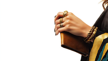 A fashionable female hand adorned with rings, holding a wallet with gold accents, isolated on a white background.の素材