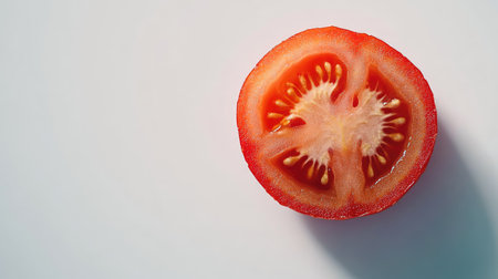 A top-down view of a single tomato slice with even lighting, showcasing its fresh, juicy details, isolated on white.の素材