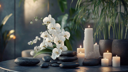 A spa table with black stones, white flowers, and candles, evoking a luxurious, calming environment.の素材