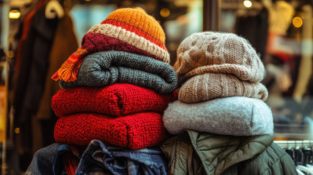 A stack of jackets, scarves, and hats layered together in a winter-themed store display, ready for cold weather.の素材