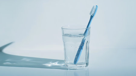 A toothbrush in a glass of water, gently held in place on a clean white surface, isolated on a neutral background.の素材